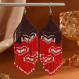 Red Tassel Heart Pattern Dangle Earrings, Hand-woven Glass Beads