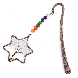 Natural Quartz Crystal Chip Beaded Tree of Life in Star of David Pendant Bookmark, with 7 Natural Gemstone Round Beads, Red Copper Plated Alloy Hook Bookmark