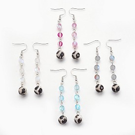 Synthetic Moonstone Beads and Natural Agate Beads Dangle Earrings, with Metal Findings, Round, Platinum