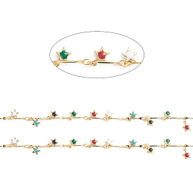 Brass Bar Link Chains, Soldered, with Enamel Star Charms & Spool, Long-Lasting Plated