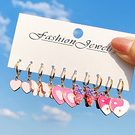 Charming 5-Piece Set of Pink Butterfly Tai Chi Heart Earrings in Acrylic Material
