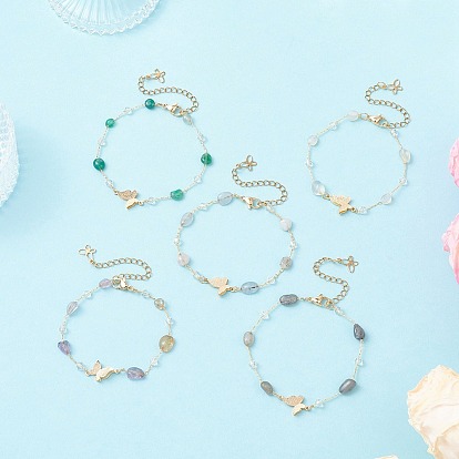 5 шт. 5 стили ожерелья из бусин ручной работы из стекла, опалита, натурального морганита, окрашенного зеленого агата, лабрадорита и аметиста, латунные цепочки-бабочки для женщин