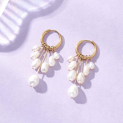 Серьги-кольца с натуральным жемчугом, с 304 фурнитурой из нержавеющей стали