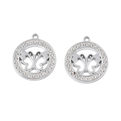304 Stainless Steel Pendants, with Crystal Rhinestone, Ring with Butterfly