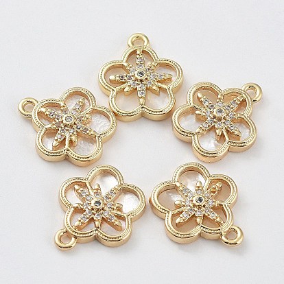 Brass Cubic Zirconia Pendants, with Shell, Flower