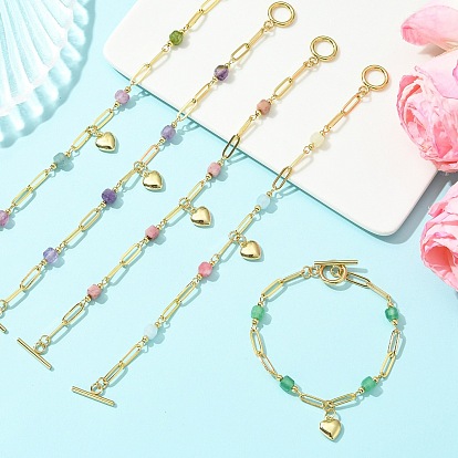Brass Heart Charm Natural Mixed Stone Faceted Cube Beaded Chain Bracelets, 304 Stainless Steel Jewelry for Women