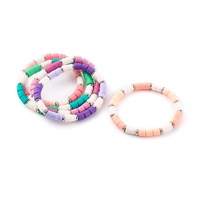 Bracelets extensibles perlés heishi en pâte polymère faits à la main, avec des perles en laiton, colonne, platine