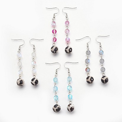 Synthetic Moonstone Beads and Natural Agate Beads Dangle Earrings, with Metal Findings, Round, Platinum