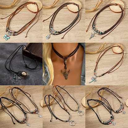 Подвеска из сплава и синтетической бирюзы, фарфоровые и деревянные бусины, вощеный шнур, двухслойные регулируемые ожерелья для мужчин, античное серебро