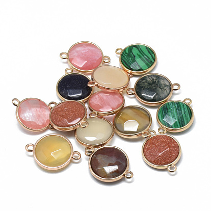 Gemstone Links Connectors, with Golden Tone Brass Findings, Faceted, Flat Round