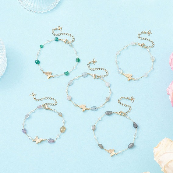5Pcs 5 Styles Handmade Glass & Opalite & Natural Morganite & Dyed Green Agate & Labradorite & Amethyst Nuggets Beads Necklaces, Brass Butterfly Link Chain Necklaces for Women