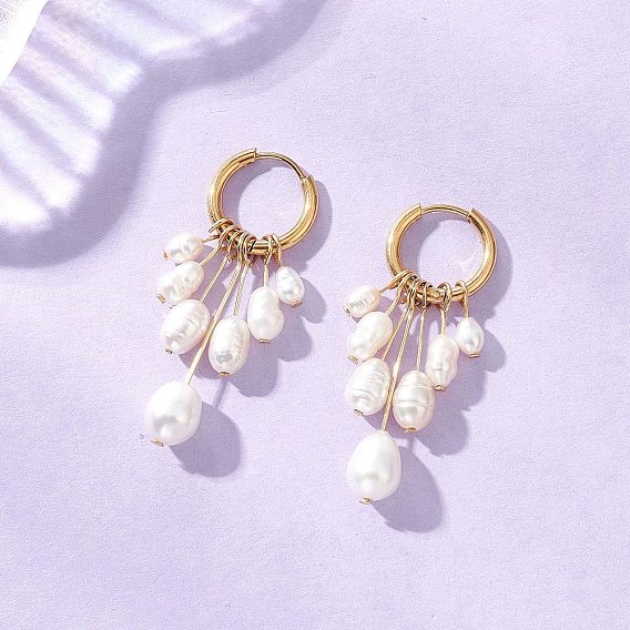 Серьги-кольца с натуральным жемчугом, с 304 фурнитурой из нержавеющей стали