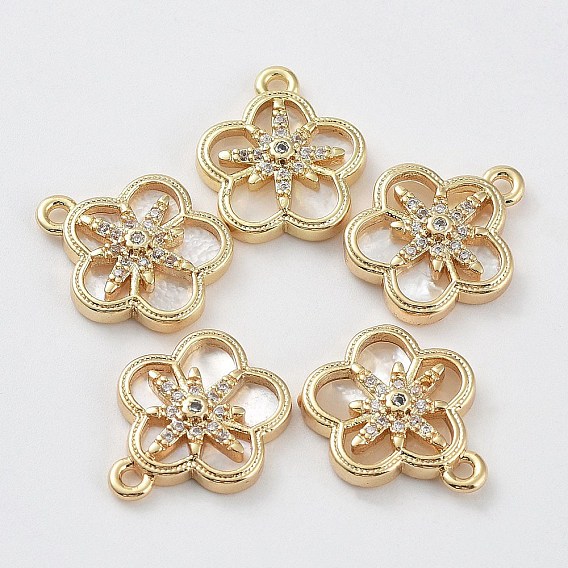 Brass Cubic Zirconia Pendants, with Shell, Flower