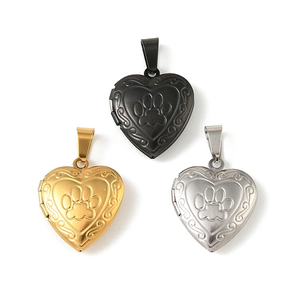 316 подвески из нержавеющей стали Locket, с 304 защелкивающимися дужками из нержавеющей стали, подвесками-рамками для фотографий из нержавеющей стали, ионное покрытие (ip), сердце с подвесками в виде отпечатка лапы