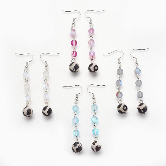 Synthetic Moonstone Beads and Natural Agate Beads Dangle Earrings, with Metal Findings, Round, Platinum
