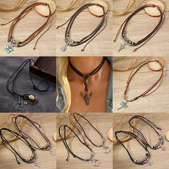 Подвеска из сплава и синтетической бирюзы, фарфоровые и деревянные бусины, вощеный шнур, двухслойные регулируемые ожерелья для мужчин, античное серебро