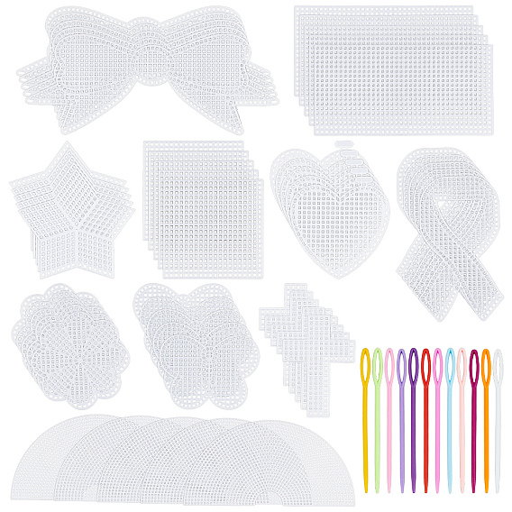 100 piezas 10 estilos de formas de lienzo de plástico para hacer tú mismo, para proyectos de aguja, posavasos y artesanías, con 12 piezas de agujas de plástico