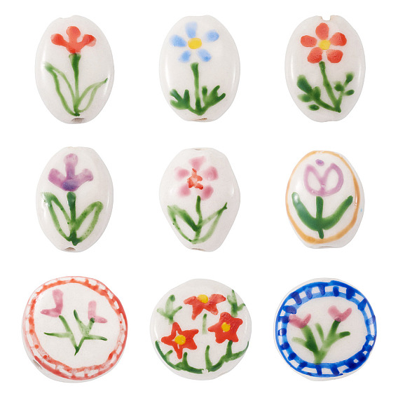 9Pcs 9 Styles Flower Theme Handmade Porcelain Beads, Hand Painted Ceramic Beads, Famille Rose Porcelain