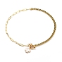 Natural Shell Cross Pendant Necklaces, with Natural Pearl Beads, Brass Enamel Curb Chains, Brass Paperclip Chains and 304 Stainless Steel Toggle Clasps, Creamy White