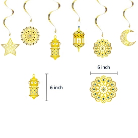 6Pcs Elements of Ramadan Theme Paper Spiral Pendant Decoration, Moon & Star & Flower & Lantern Banner