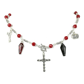 Halloween Coffin & Skull Cross & Pumpkin Alloy Pendant Necklaces, 304 Stainless Steel & Opaque Glass Beaded Necklaces