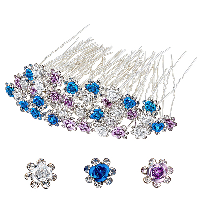 60Pcs 3 Colors Alloy Hair Forks, with Rhinestone, Flower