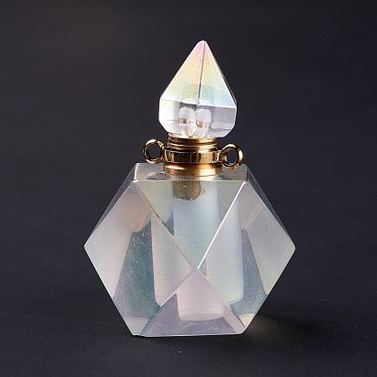 Angel Aura Quartz, Faceted Natural Quartz Crystal Pendants, Openable Perfume Bottle, with Golden Tone Brass Findings and Plastic Dropper