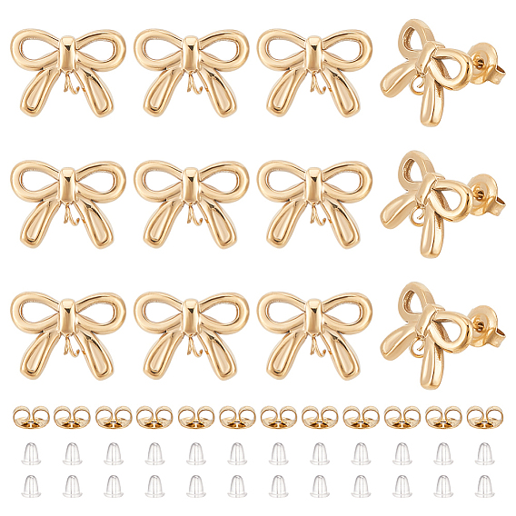 6Pairs 304 Stainless Steel Stud Earring Findings, with Ear Nuts and Loops, Bowknot, 24Pcs Plastic Ear Nuts