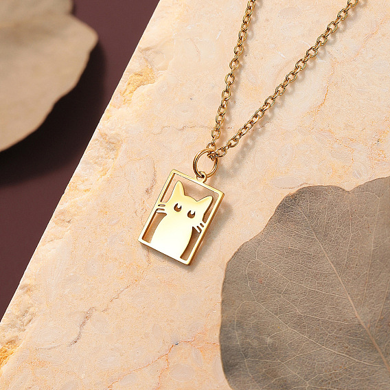 304 Прямоугольное ожерелье из нержавеющей стали, вырезанное лазером, с подвеской в форме кошки.