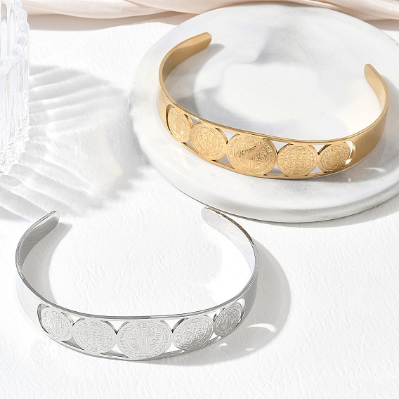 Religion 201 Stainless Steel Saint Benedict Hollow Open Cuff Bangles