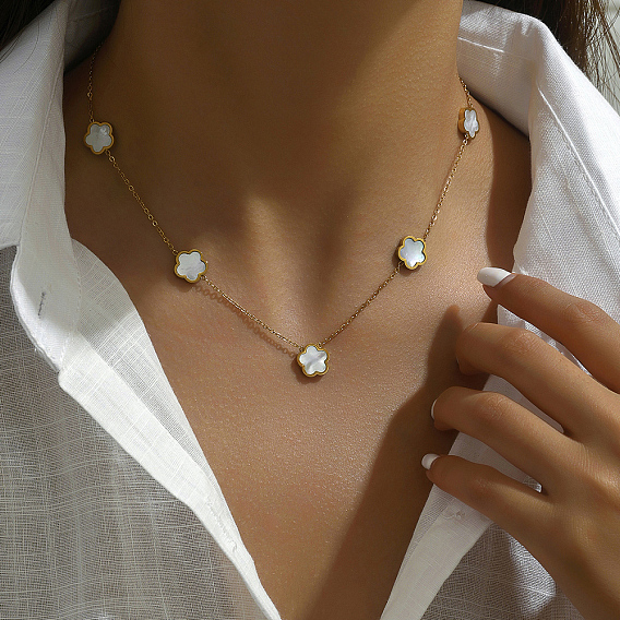 Элегантные ожерелья из нержавеющей стали с ракушками и цветочными звеньями для женщин, золотые