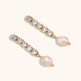 Luxury 18K Gold Plated Stainless Steel Zirconia Chain Freshwater Pearl Earrings