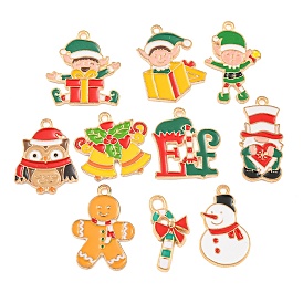 Christmas Theme Alloy Enamel Pendants, Light Gold, Santa Claus/Snowman/Bell/Human Charm