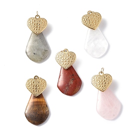 Natural Gemstone Pendants, Teardrop Charms, with Ion Plating(IP) Golden Tone 304 Stainless Steel Heart Findings