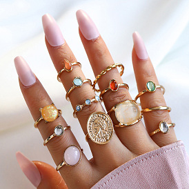 Embossed Diamond Embossed Portrait Ring 12-piece Set Creative Cold Wind Baroque Retro Jelly Color Ring Female