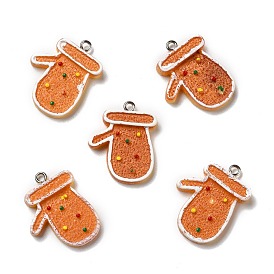 Opaque Resin Pendants, with Platinum Tone Iron Loops, Imitation Gingerbread, Christmas Theme, Gloves