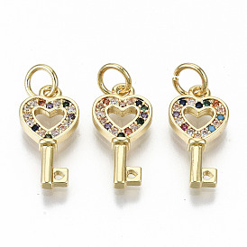 Brass Micro Pave Colorful Cubic Zirconia Pendants, with Jump Rings, Nickel Free, Key