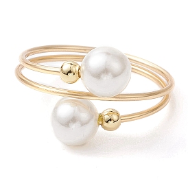 Round Shell Pearl Beaded Cuff Rings for Women, Eco-Friendly Copper Wire Finger Rings