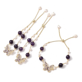 Adjustable Round Natural Amethyst & Natural Pearl Slider Bracelets, Butterfly Brass Glass Link Bracelets for Women