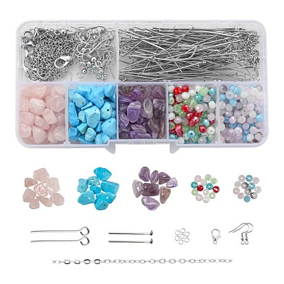 Ensemble de bijoux bricolage faisant des kits, y compris les perles de copeaux de pierres précieuses mélangées naturelles et synthétiques, perles de verre galvanoplastie rondelle, épingle de fer et crochets de boucle d'oreille, 304 anneau de saut en acier inoxydable, agrafes en alliage de zinc