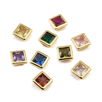 Brass Pave Cubic Zirconia Cabochons, Square, Faceted, Pointed Back, Rack Plating, Long-Lasting Plated, Cadmium Free & Lead Free, Real 18K Gold Plated