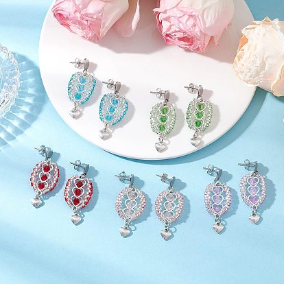 304 серьги-гвоздики из нержавеющей стали с ограненными биконусными стеклянными бусинами, с тибетским типом сплава сердца, старинное серебро и серебро