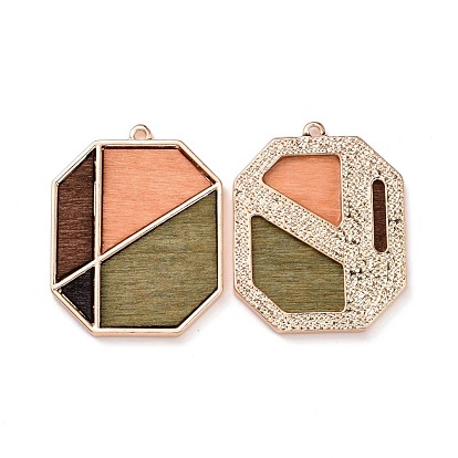Dyed Wood Pendants, with Light Gold Plated Alloy Findings, Octagon with Geometric Pattern
