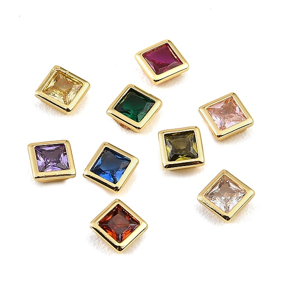Brass Pave Cubic Zirconia Cabochons, Square, Faceted, Pointed Back, Rack Plating, Long-Lasting Plated, Cadmium Free & Lead Free, Real 18K Gold Plated