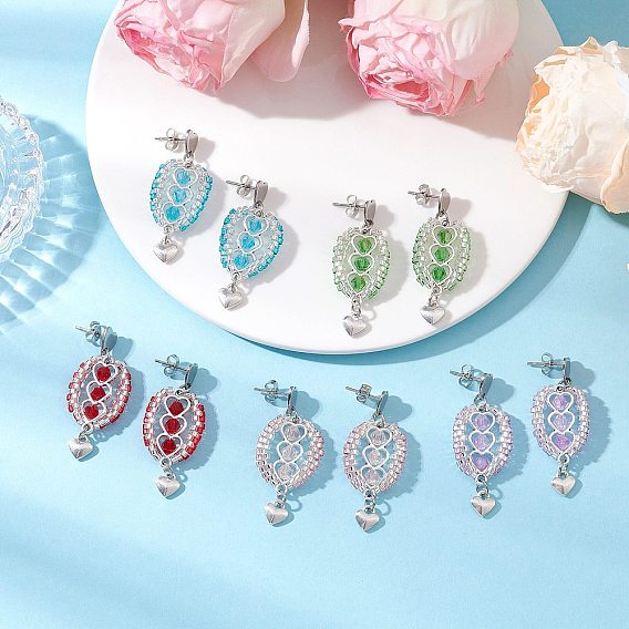 304 серьги-гвоздики из нержавеющей стали с ограненными биконусными стеклянными бусинами, с тибетским типом сплава сердца, старинное серебро и серебро