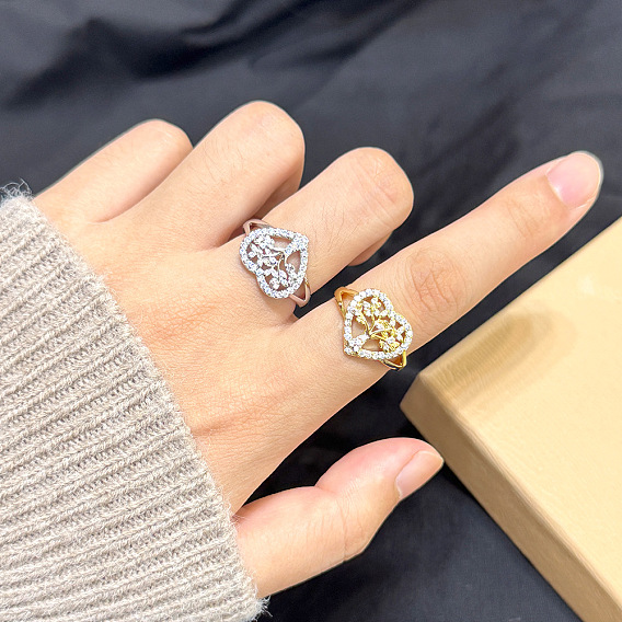 Полые регулируемые латунные кольца-манжеты с микропаве из прозрачного кубического циркония для женщин., древо жизни