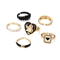 6Pcs 6 Style Golden Brass Cuff Rings, Open Rings, Star & Textured & Heart & Rectangle & Bamboo Joint, White