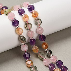 Нити бусин из натурального аметиста, пренита, розового кварца и цитрина, плоско-круглые, граненые, с бисером