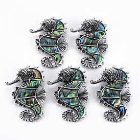 Sea Horse Shape Natural Abalone Shell/Paua Shell Brooch Pin, Alloy Lapel Pin for Backpack Clothing, Lead Free & Cadmium Free, Antique Silver
