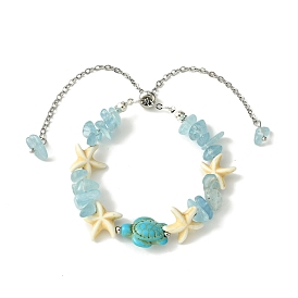 Synthetic Turquoise & Natural Aquamarine Chips Beaded Slider Bracelets, Starfish & Turtle Adjustable Bracelet for Women